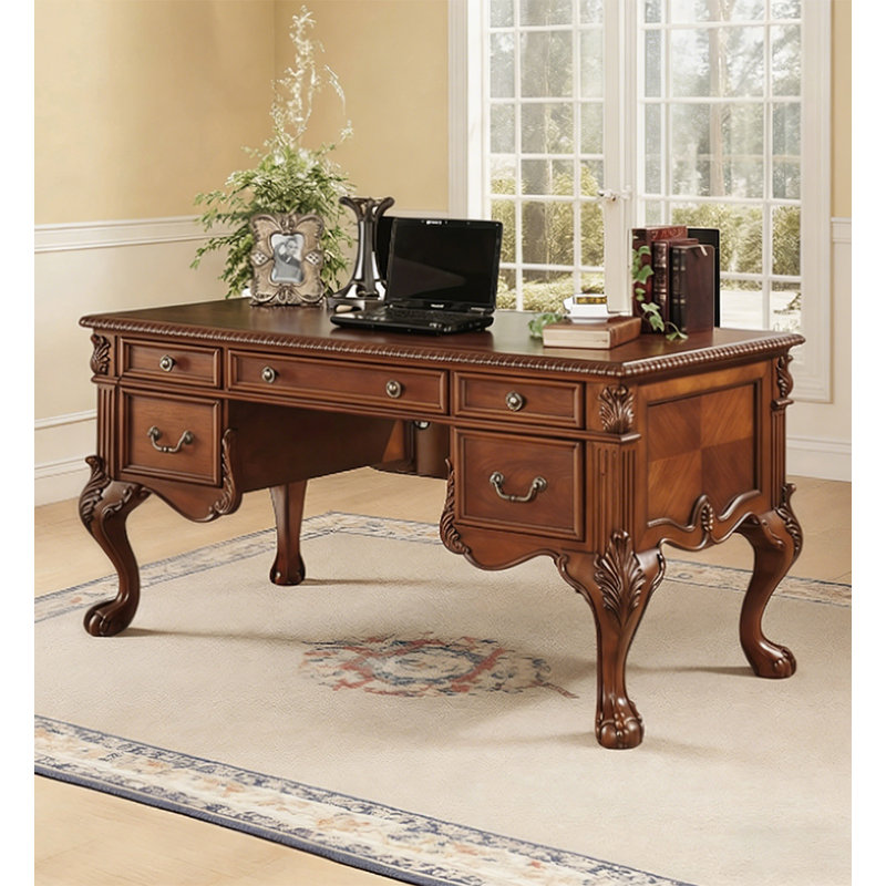 Bureau de direction traditionnel en bois massif avec pieds sculptés en cabriole, H 30,71 po x l 62,99 po x P 29,53 po