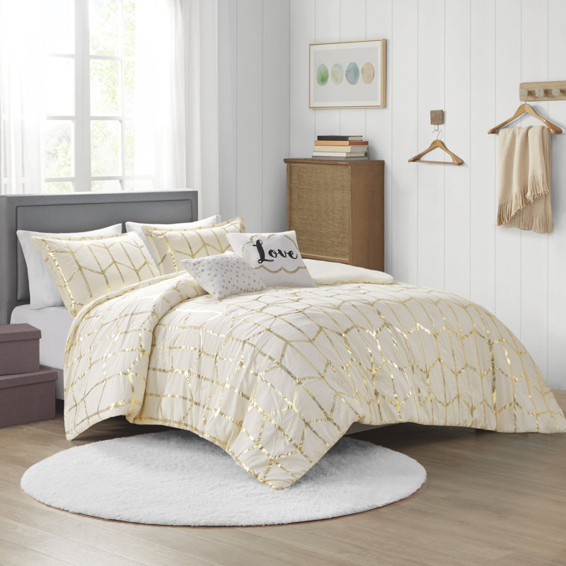 Ensemble d'édredon à imprimé métallique Raina, Édredon double / grand + 2 taies décoratives + 2, Ivoire/doré