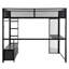Lit mezzanine de jeu noir en métal pleine grandeur avec rangement à DEL, bureau, garde-robe ouverte et 3 tiroirs pour le rangement des nécessités quotidiennes