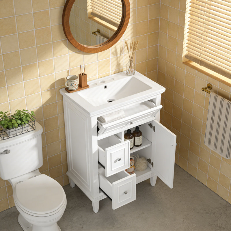 Meuble-lavabo autoportant 24 po blanc avec lavabo en céramique, tiroir ajustable et rangement fermé, Blanc