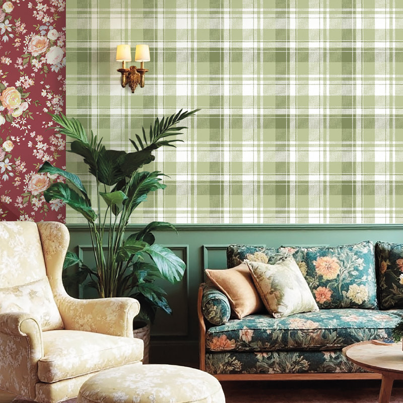 Blooming Garden Collection Tartan Plaid Wallpaper Roll, Blue