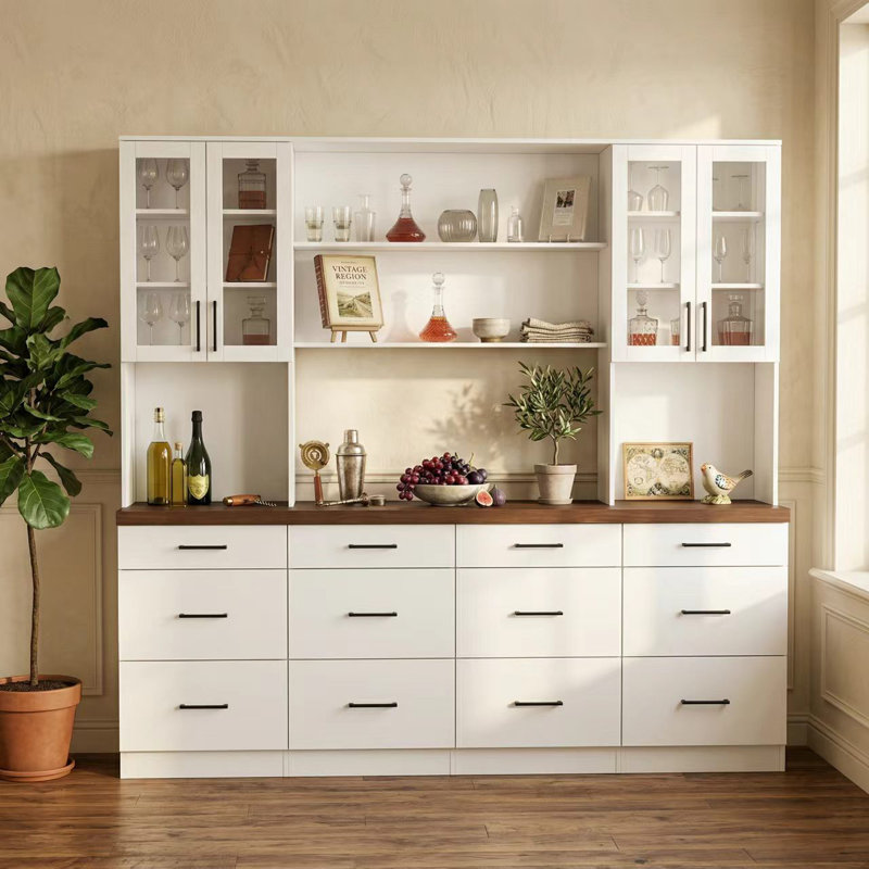 Grande armoire à vin 94,5 po avec 12 tiroirs et portes en verre, Blanc