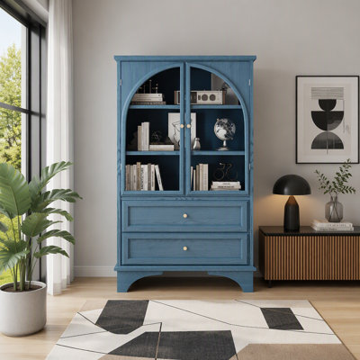 52.17" Vintage Glass Door Display Cabinet With 2 Drawers And Adjustable Shelves, Wood Curio Storage Cabinet