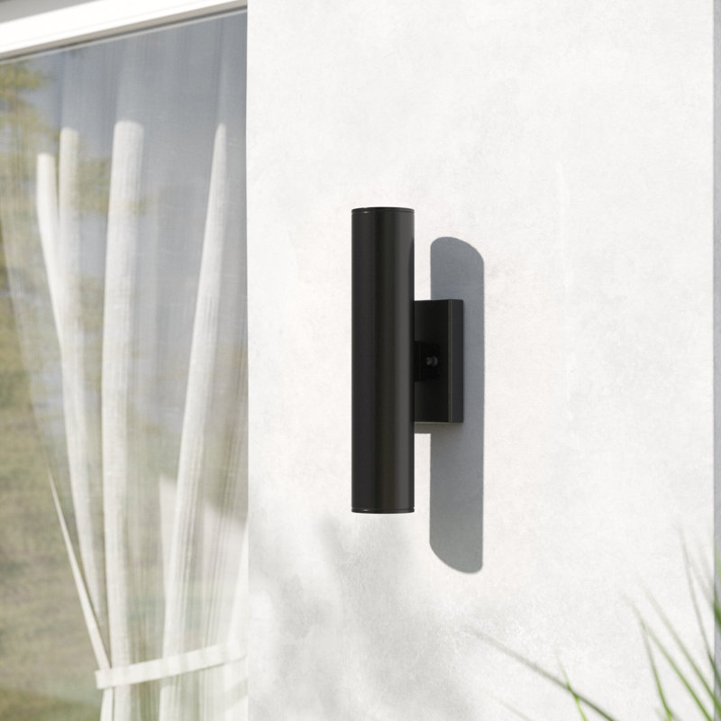 Chiasso 14.25 in. H 2-Light Textured Black Outdoor Wall Sconce made of Rust-Resistant Aluminum, Metal Shade, Up-Down Wall Wash, Integrated LED, For Exterior Porch Patio Front Door or Garage