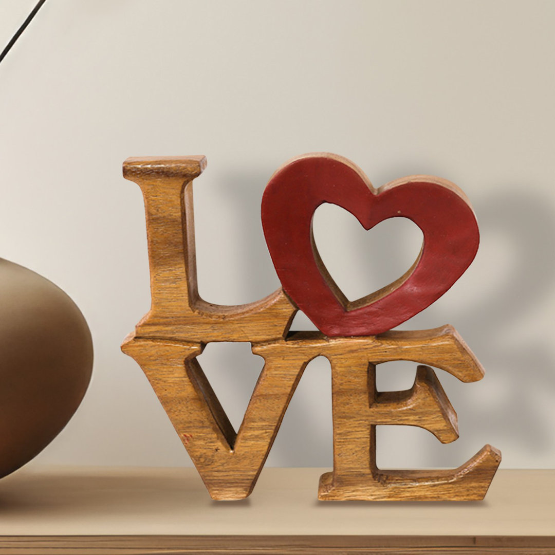 Elmija Handmade Sculpture of LOVE Word with Red Heart Unique Art Piece of Wooden Sculpture for Home Decor Trinx