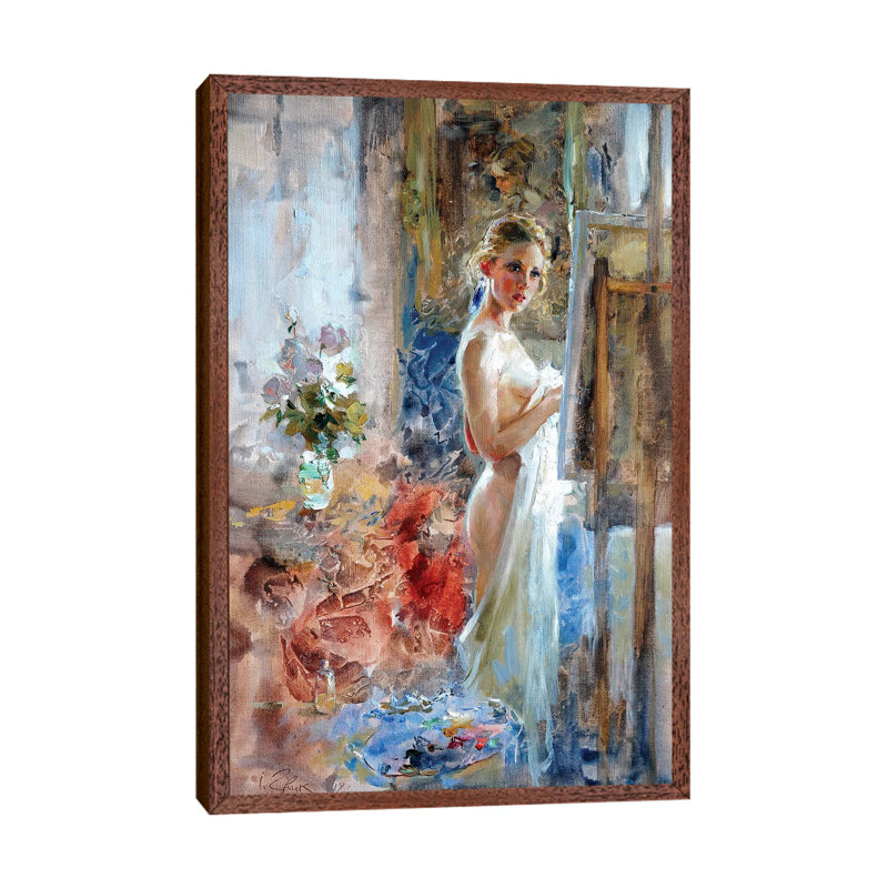 In Front Of The Picture by Igor Zhuk - Painting on Canvas, Classic Brown Wood Framed Canvas, 101.6cm H x 66.04cm W x 3.81cm D