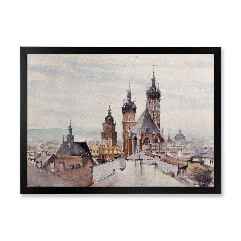 Vieille ville de Cracovie en Pologne - reproduction d'art sur toile, Cadre noir, H 12 po x l 20 po x P 1 po