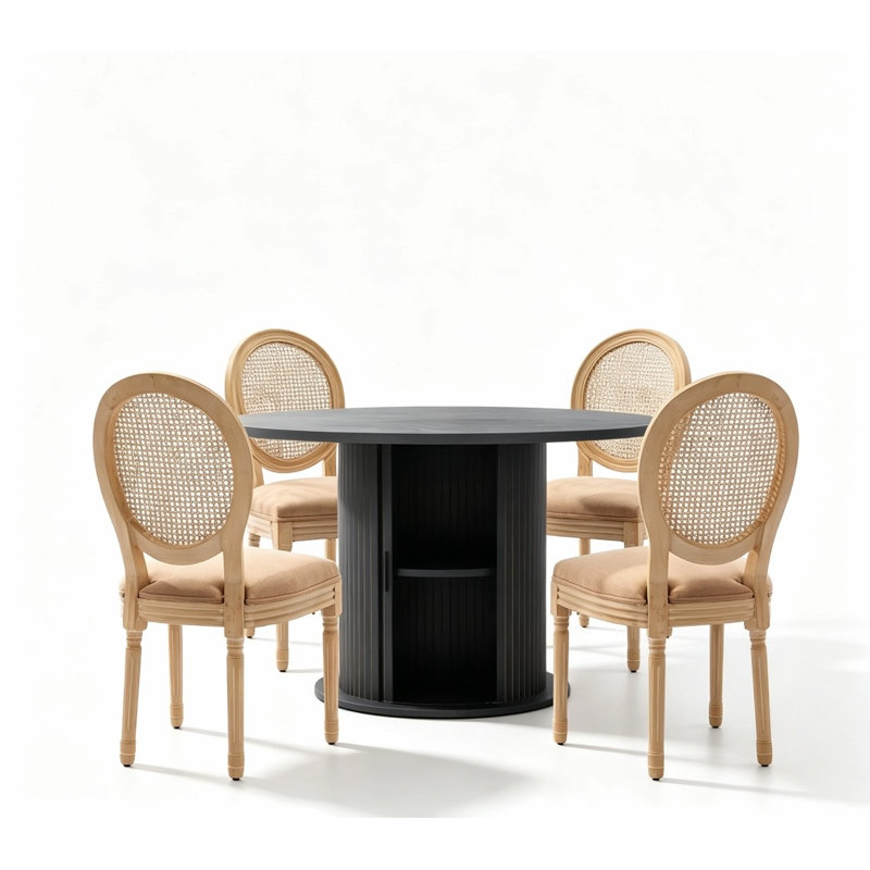 Ensemble de table de salle à manger 5 pièces avec chaises rembourrées en rotin, Noir, Brown