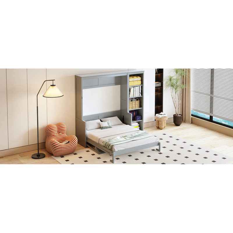Lit escamotable double avec bureau et bibliothèque, Gris, Lit double