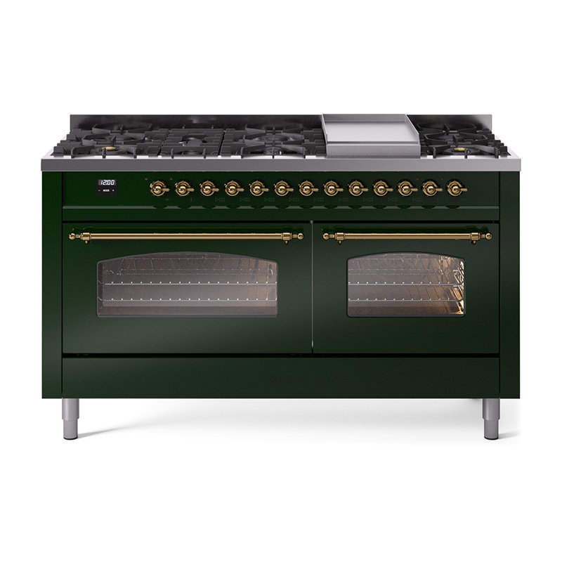 ILVE Nostalgie II Series 60 inch Dual Fuel Range with 9 Sealed Burners, Griddle (Glass Door), Emerald Green/Brass
