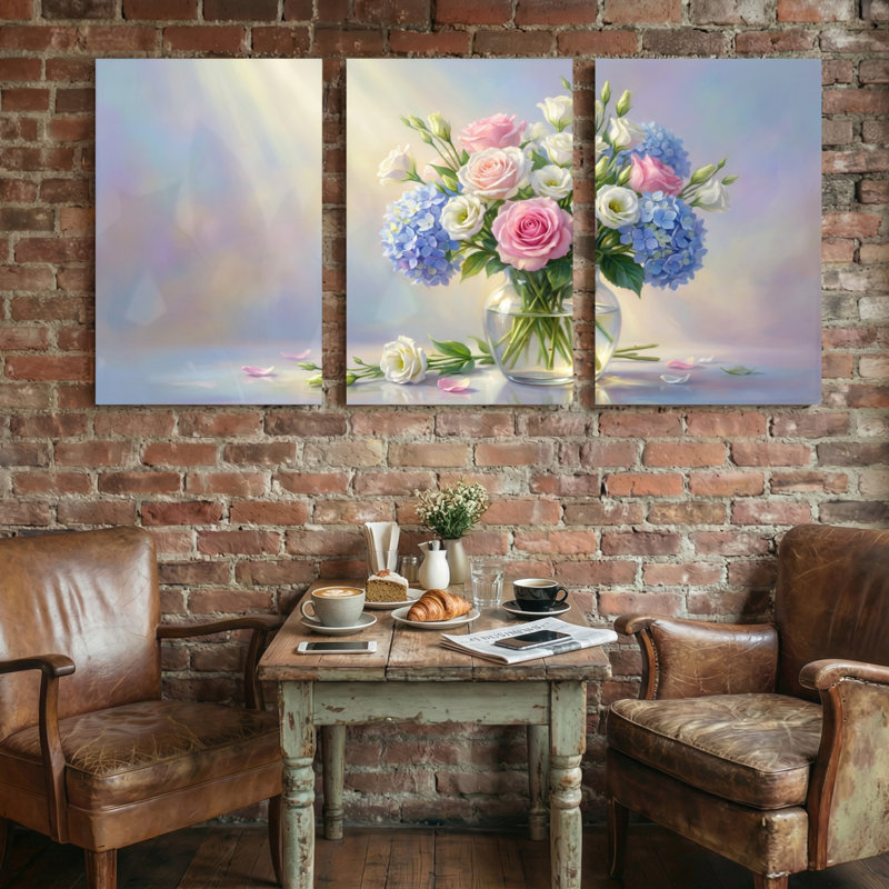 Plantes et fleurs, bouquet de fleurs dans un vase avec ensemble de 3 impressions murales sur toile, H 18 po x l 36 po