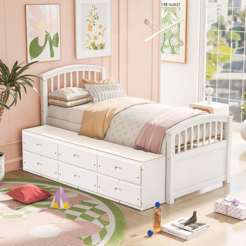 Platform Storage Bed Solid Wood Bed With 6 Drawers