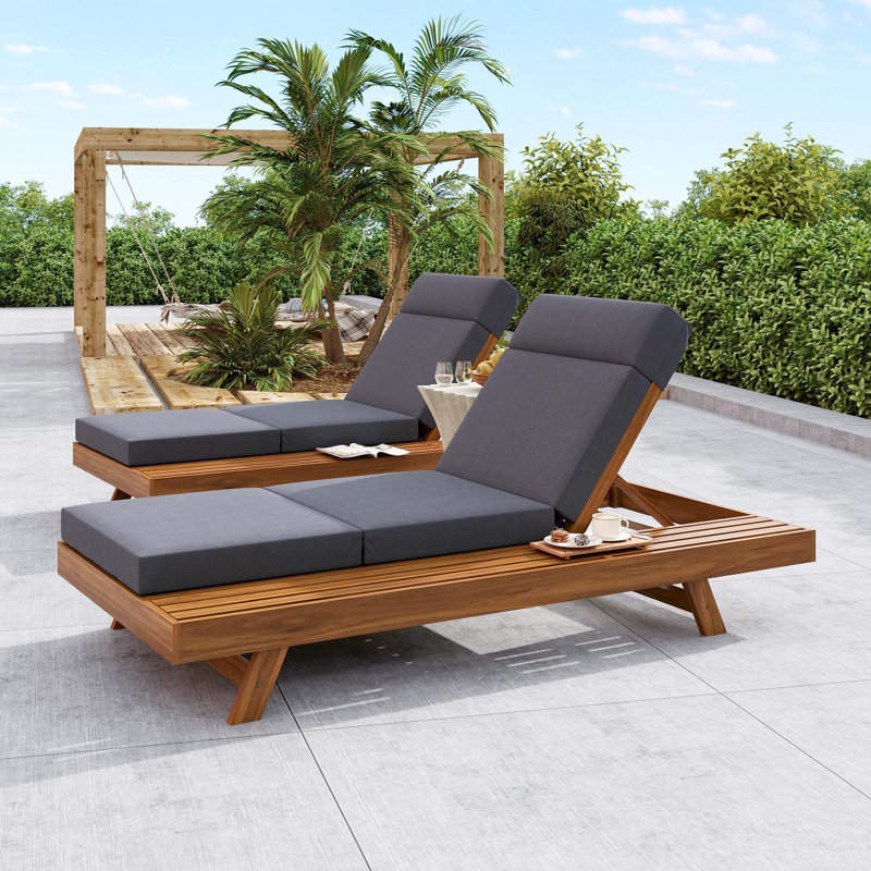 Lounge Chaise  With Headrest, Acacia Wood(Set Of 1), Dark Gray