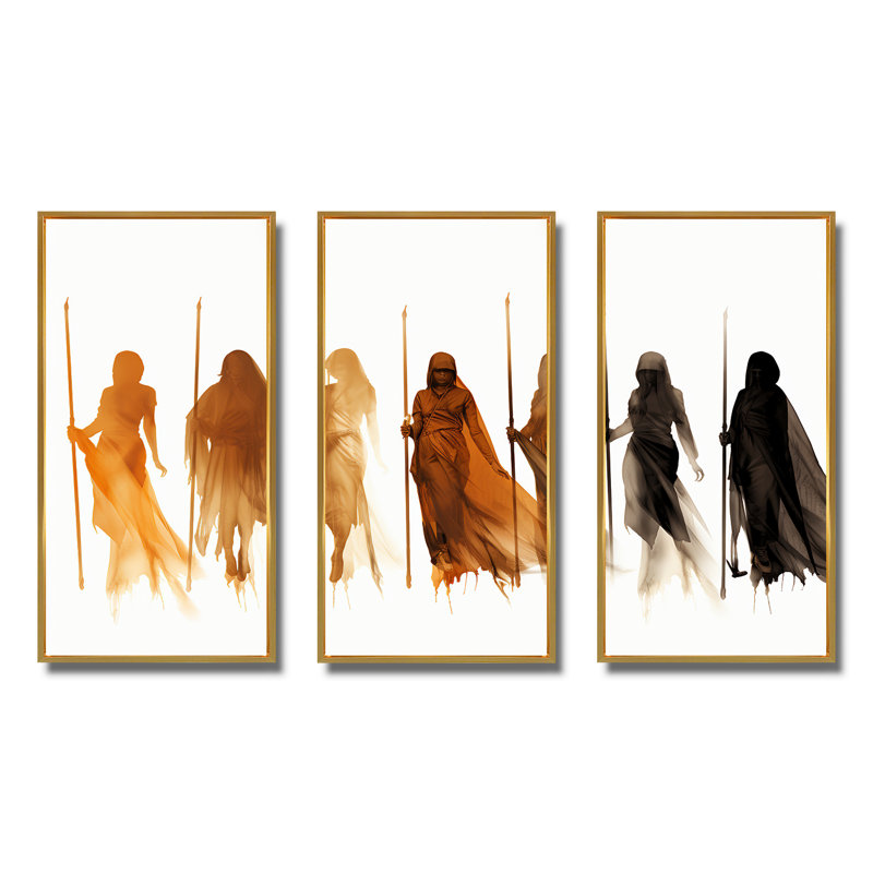 «Orange African Somali Nomadic Tales II» - art mural tribal africain, Cadre flottant doré, H 32 po x l 48 po