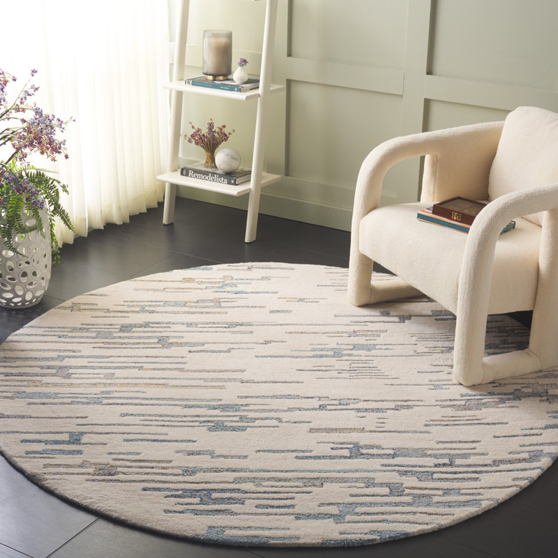 Alonie Hand Tufted Wool/Pet/Cotton Abstract Rug in Ivory/Light Blue, Round 6'