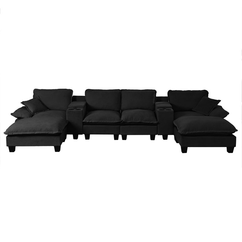Canapés modernes en chenille noire, en forme de U avec rangement et ports USB pour le salon