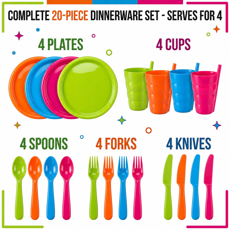  20-pc Reusable Plastic Dinnerware Set for 4 – Microwavable & Dishwasher Safe Assorted Colour Plates, Cups, and Cutlery for Party, Picnic, Camping, Outdoor Gathering & Everyday Dining