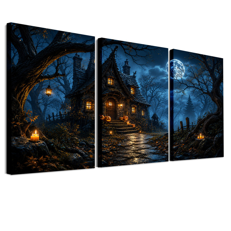 «Haunted House in Moonlit Forest», ensemble de 3 toiles d'Halloween, H 18 po x l 12 po x 3 pièces