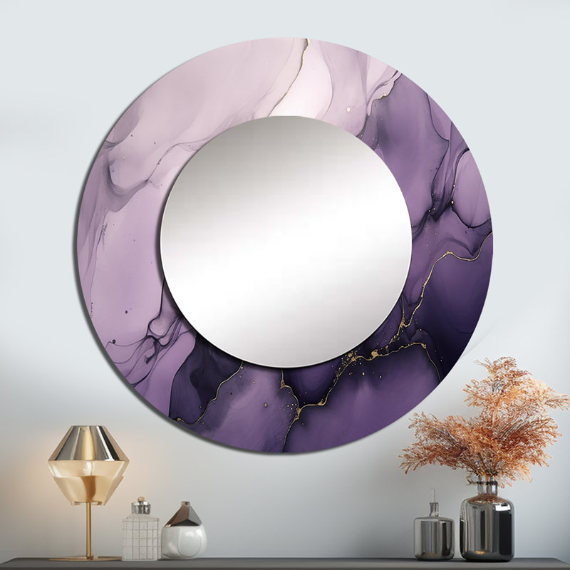 «Samuela», encre en marbre mauve et gris à motif de fractales en X, grand miroir mural rond mauve, impression sur métal