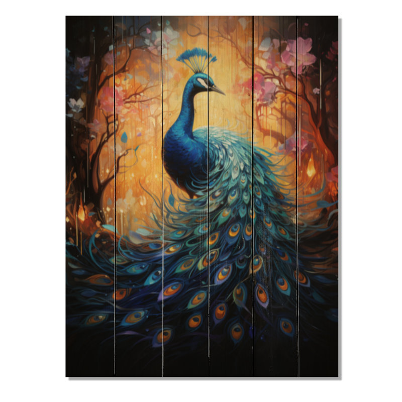 Paon bleu lumineux sur bois, H 40 po x l 30 po x P 0,78 po