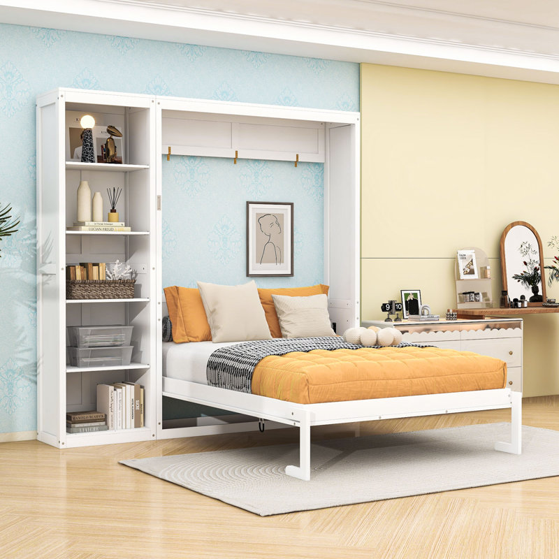 Lit escamotable en bois avec tablettes multifonctionnelles, Blanc, Grand lit
