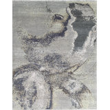 Gray Hand-Knotted Wool Abstract Brushstrokes Geometric Modern Contemporary Carpet Rug