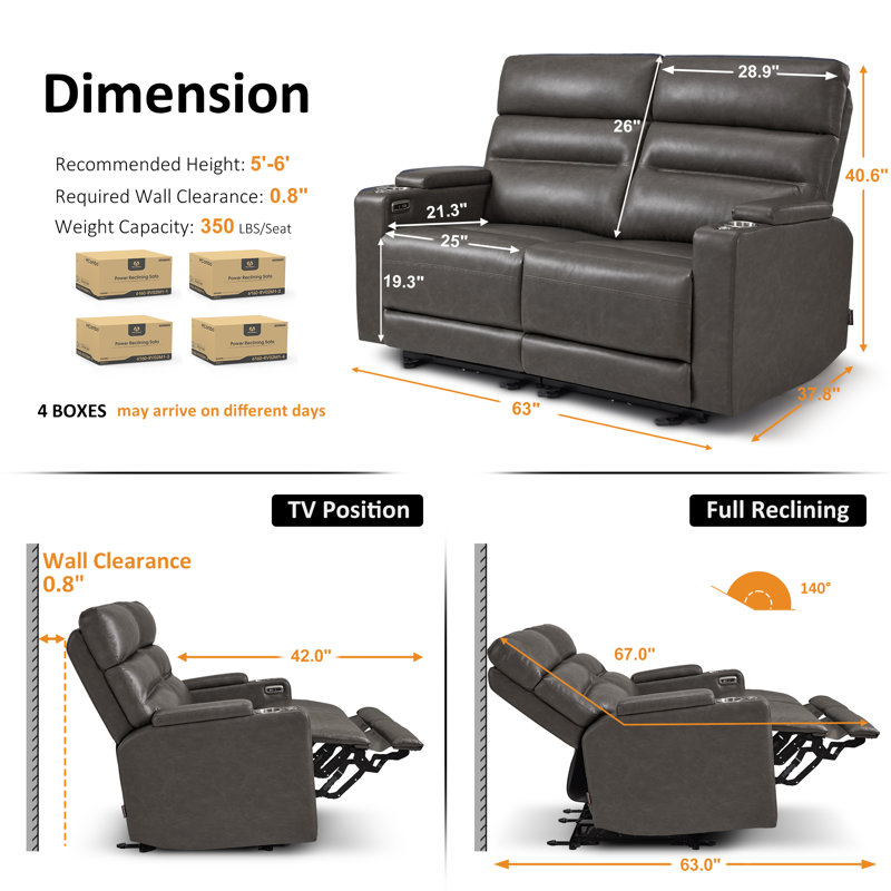 Causeuse inclinable électrique de 63 po de large avec USB et de type C pour petits espaces, causeuse pour véhicule récréatif avec table pivotante à 360 °