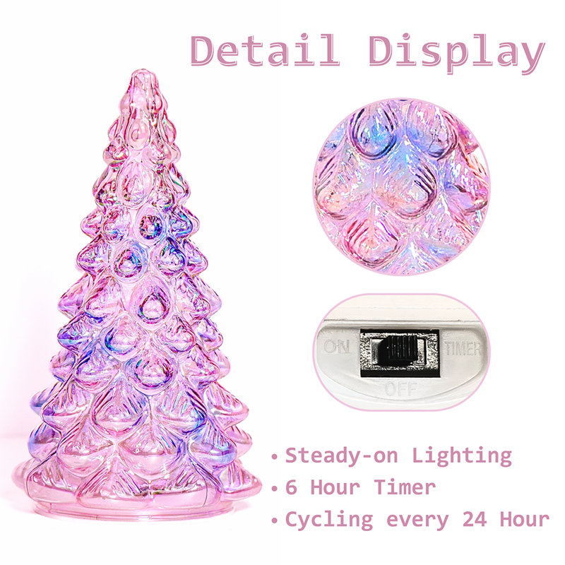 Arbre de Noël en verre coloré - Décoration de Noël de table avec minuterie pour la présentation de Noël, Rose