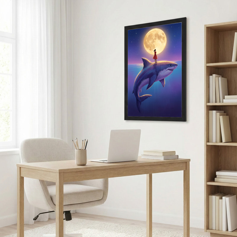 Shark And Girl Under Moonlight Canvas Wrapped Wall Art Oil Painting Print Set Of 1, 30" H x 20" W