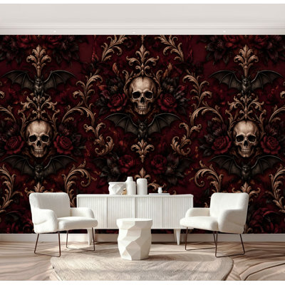 Peel and Stick Wallpaper Gothic Skull Bat Floral Dark Red Gold Wall Murals 69"H x 96"W Removable PVC Wall Paper Self-Adhesive Wall Decor for Bedroom Living Room Home Office