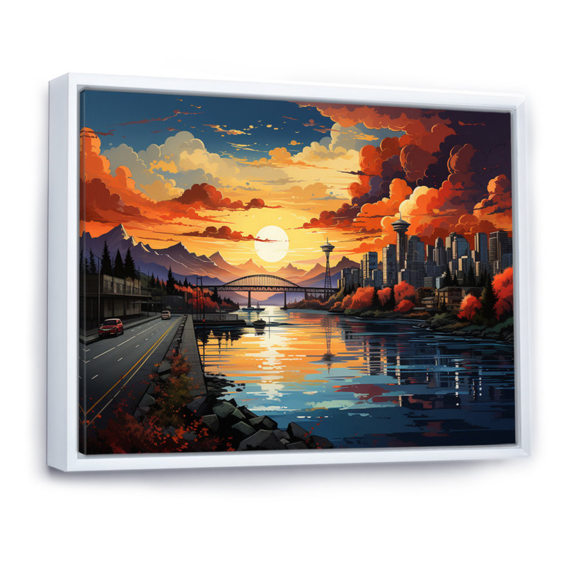 " City Vancouver Sunset Popart ", White Floater Framed, 12" H x 20" W x 1" D