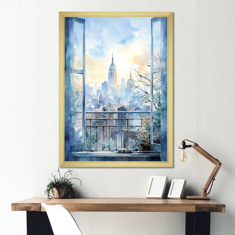 Vue de fenêtre rétro bleu New York III - New York City, impressions encadrées, Encadrement doré, H 44 po x l 34 po x P 1,5 po