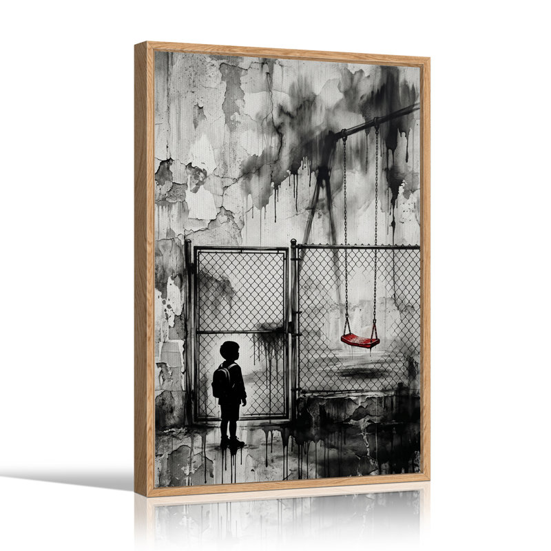 Silhouette d'un garçon avec une balançoire rouge derrière une clôture grillagée, tableau sur toile, 24"H x 18"W