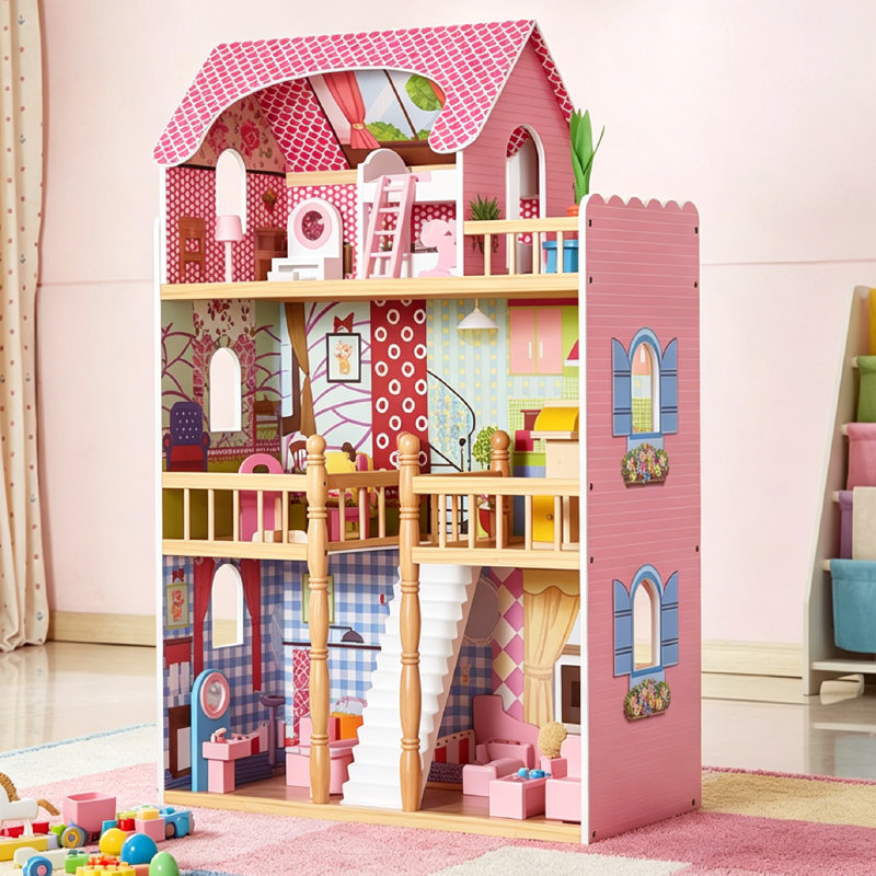 Maison de poupée en bois pour enfants avec accessoires de mobilier pour anniversaire et Noël