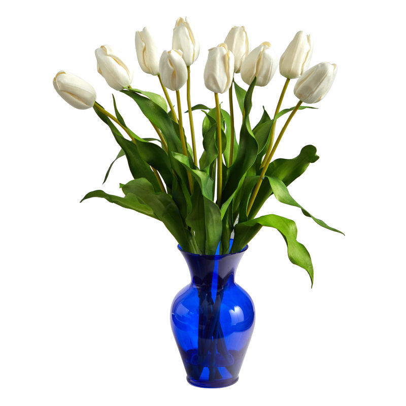 Tulip Arrangement in Vase, White, Blue