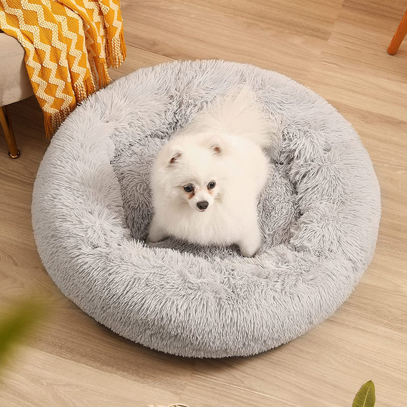Almaguer Calming Round Donut Plush Dog Cuddler Bed, Small (50cm W x 50cm D), Grey