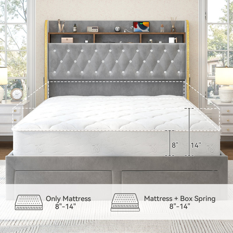 Structure de lit Galaxy Aurora avec 2 tiroirs de rangement et tête de lit tapissier capitonnée Diamond, Gris, Double