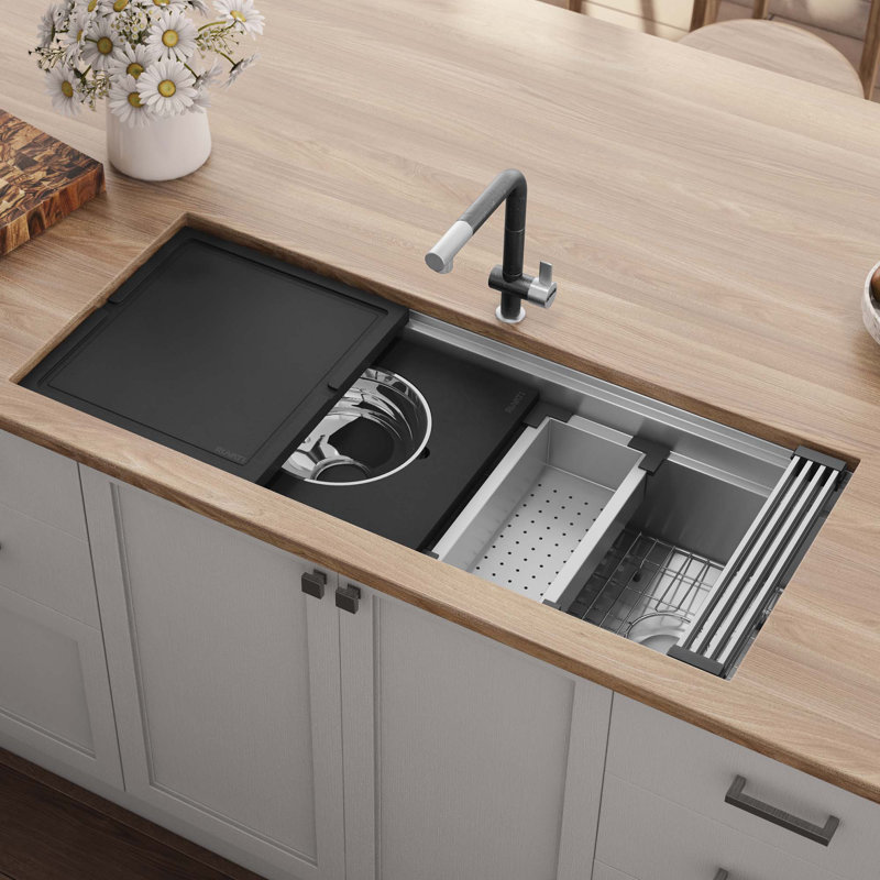 Ruvati 45-inch Workstation Two-Tiered Ledge Kitchen Sink Undermount 16 Gauge Stainless Steel, Black/Gray, 1