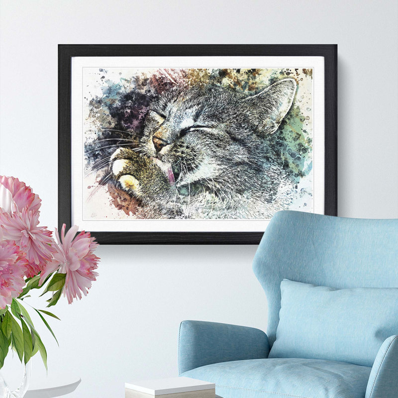 Cat Licking its Paw in Abstract - Picture Frame Graphic Art Print, Black Framed, 62cm H x 87cm W x 2cm D