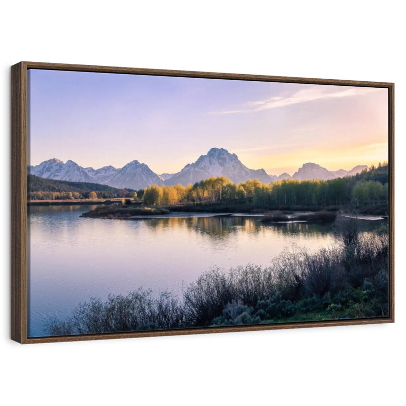 Lever de soleil sur Grand Teton, 37 po x 25 po, Cadre flottant noyer