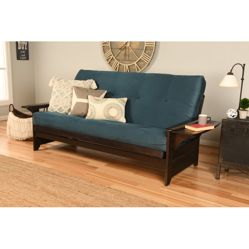 Johnte 82'' Wide Full Futon And Mattress, Suede Blue Microsuede, Espresso, Premium Pocket Coil