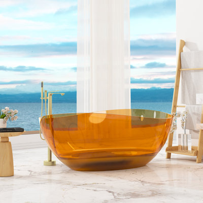 Marfa 63'' x 37'' Oval Wave Semi Transparent Resin Freestanding Soaking Bathtub