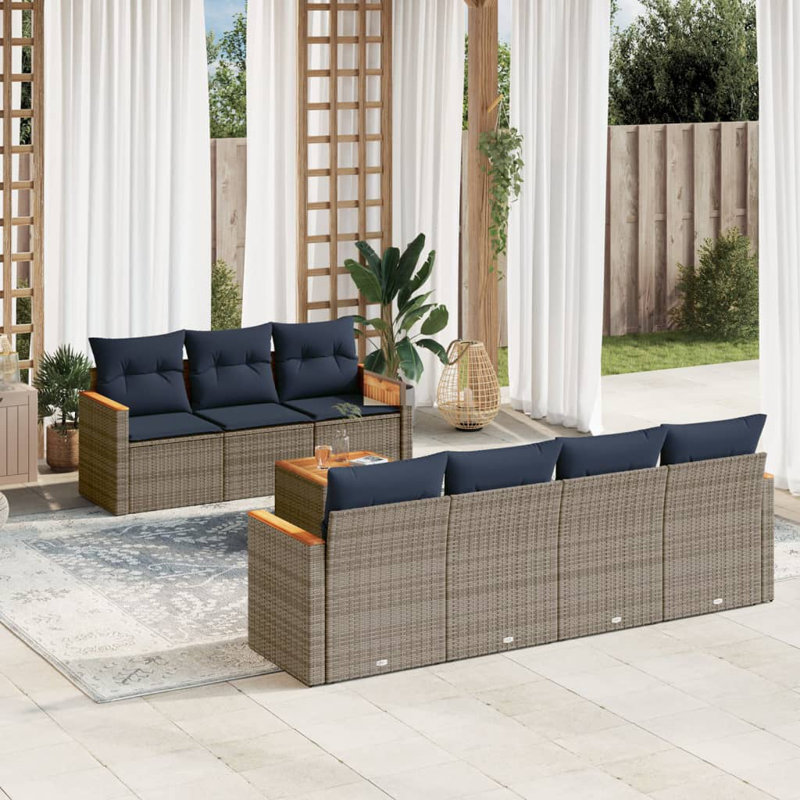Ensemble de canapé de patio 8 pièces avec coussins en rotin de polyester, Gris, Marine