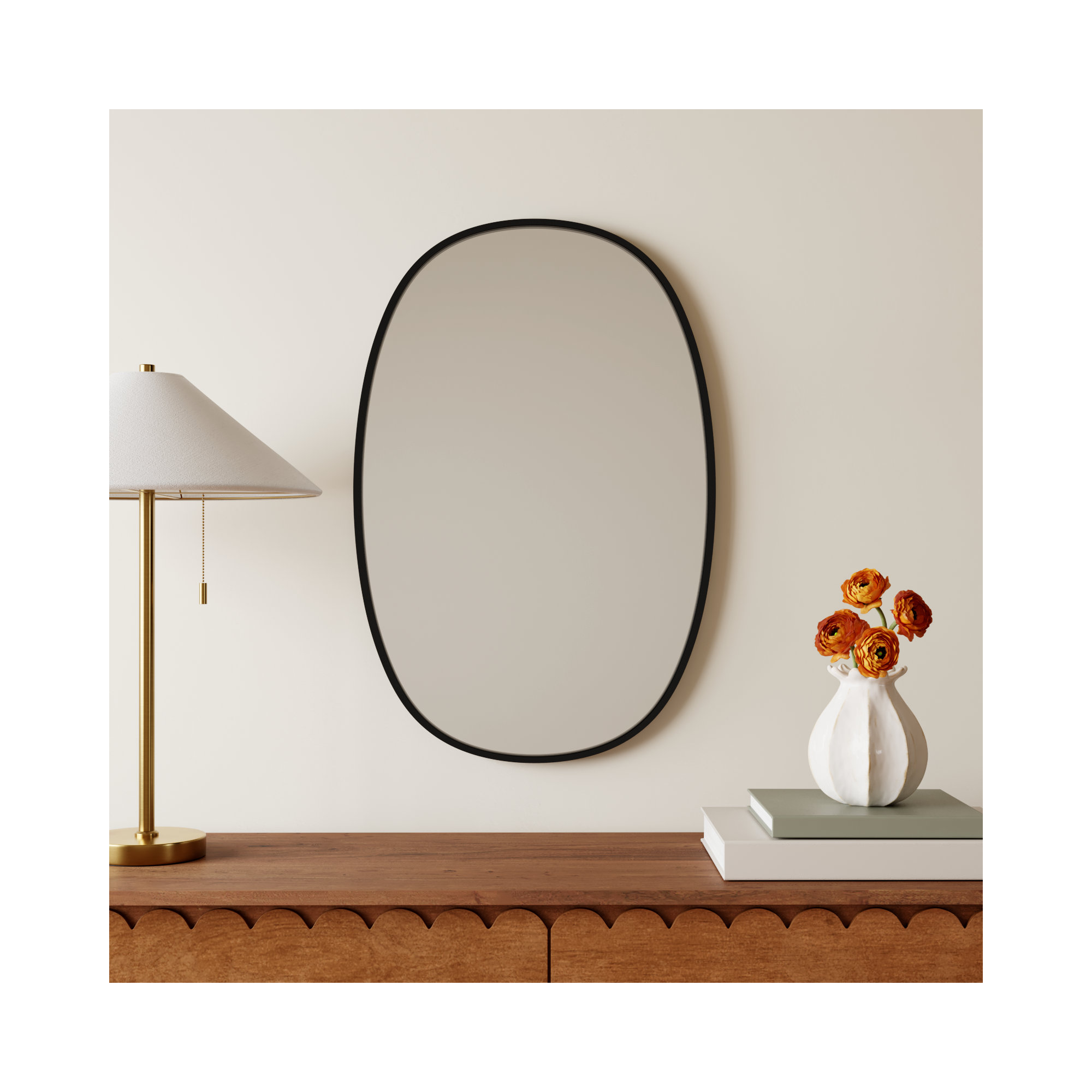 Sabine Metal Curved Oval Wall Mirror, 30" x 20", Black