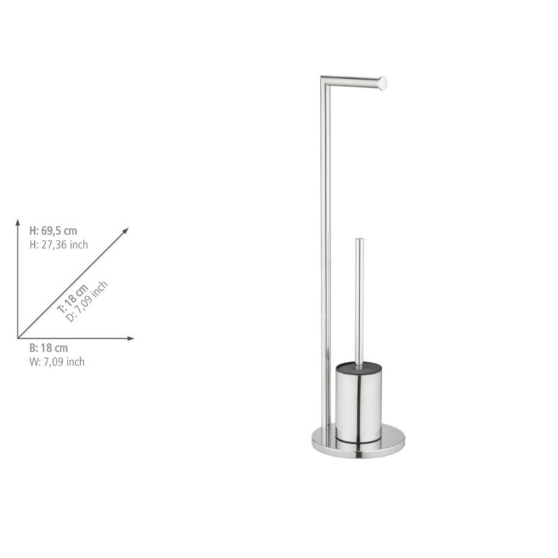 Latitude Run free-standing toilet set, Mod. Assif, with toilet roll holder and toilet brush, Shiny stainless steel