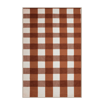 Machine Washable Checkered Brown Area Rug