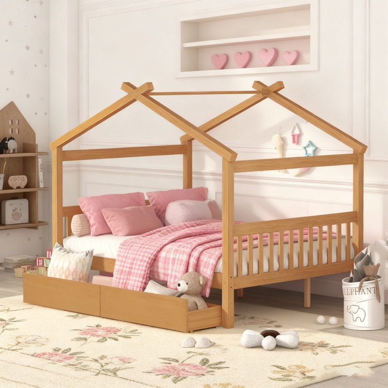 Lit en bois avec tiroirs, Naturel, Simple