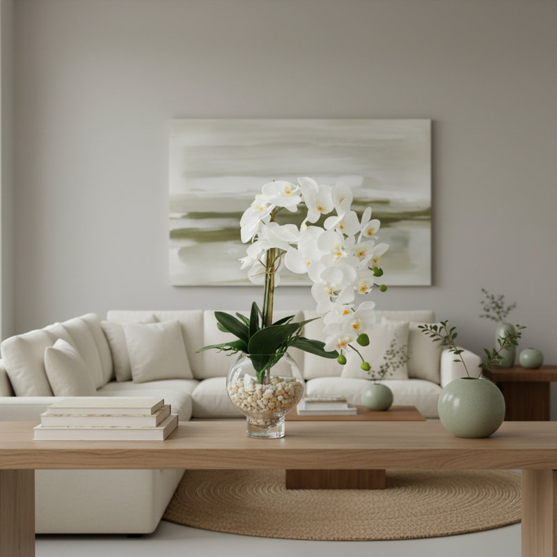 Orchidées disposées dans un vase en verre avec des pierres, Rond