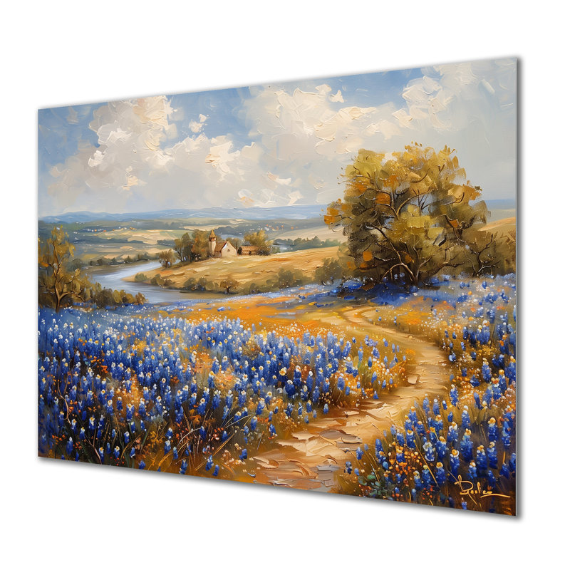 Bleu, vert, été, pré, charme, bleu, Bonnets I - Blue Bonnets, art mural, salon, Métal métal, 30" H x 40" W