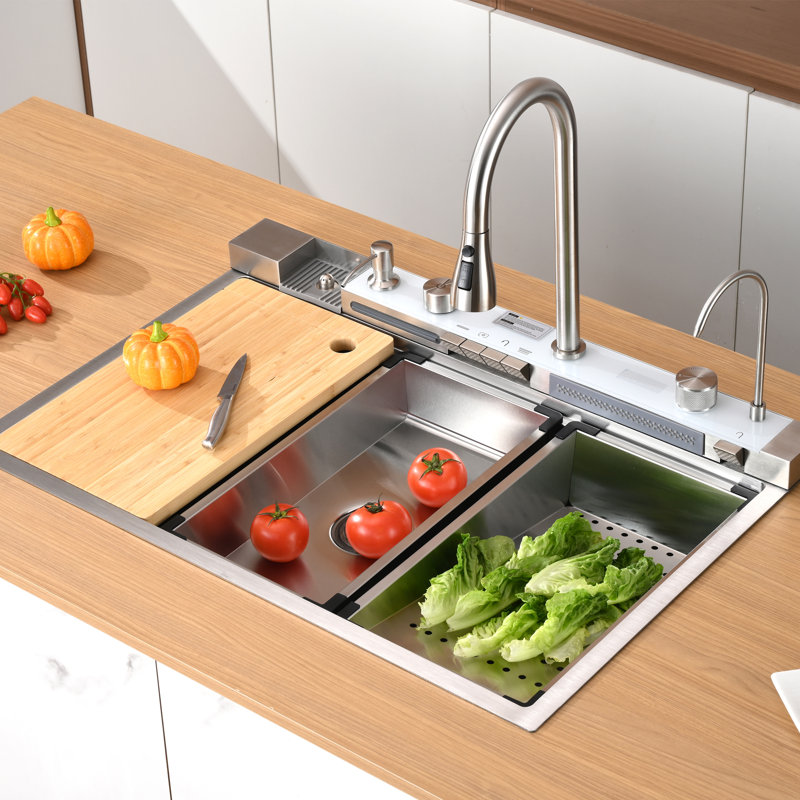 33"L × 22"W Drop-in Single Bowl Stainless Steel Kitchen Sink with Digital Display Workstation Sink, Brushed Nickel